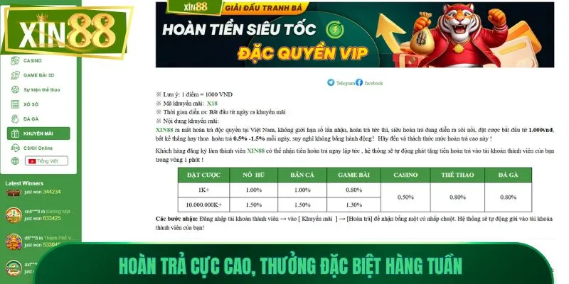 khuyến mãi xin88 2 Hoàn trả cực cao, thưởng đặc biệt hàng tuần