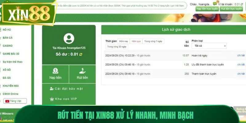 xin88 11 Rút tiền tại Xin88 xử lý nhanh, minh bạch